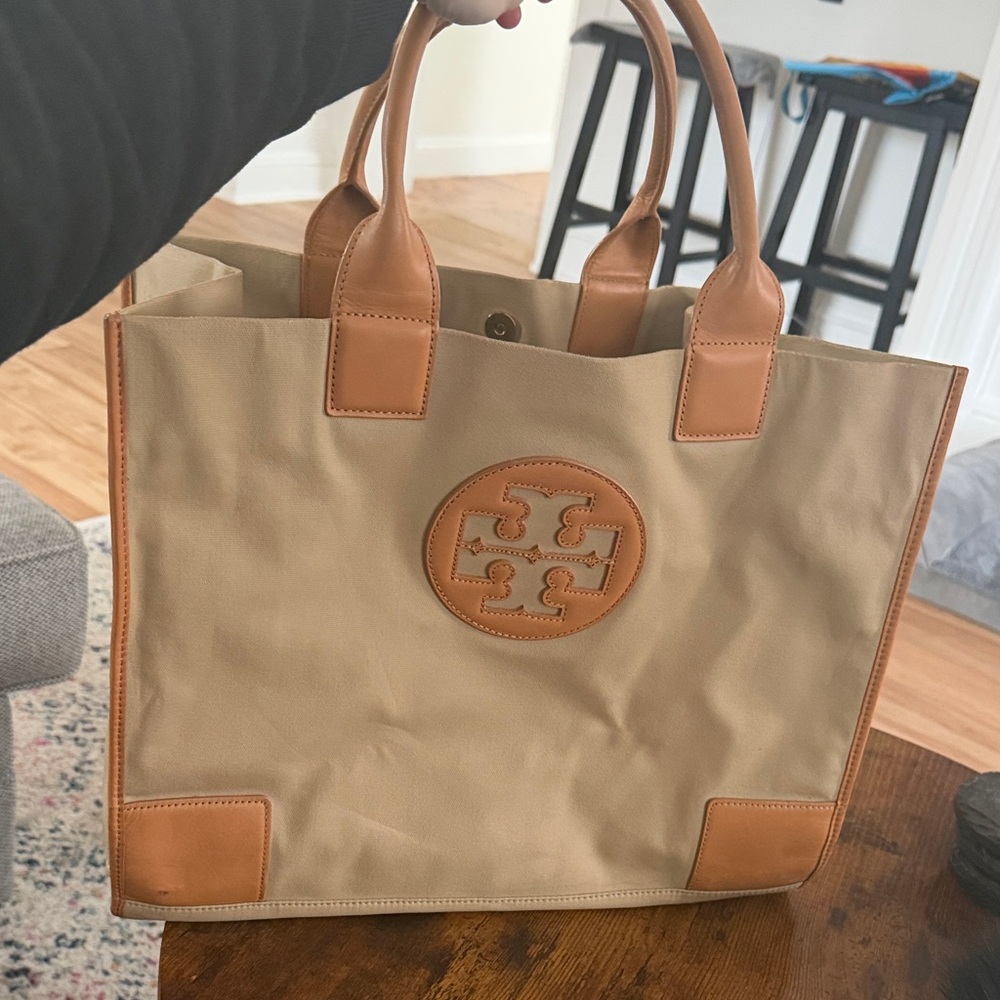 Tory Burch Tan Leather-Trimmed Beige Canvas Tote